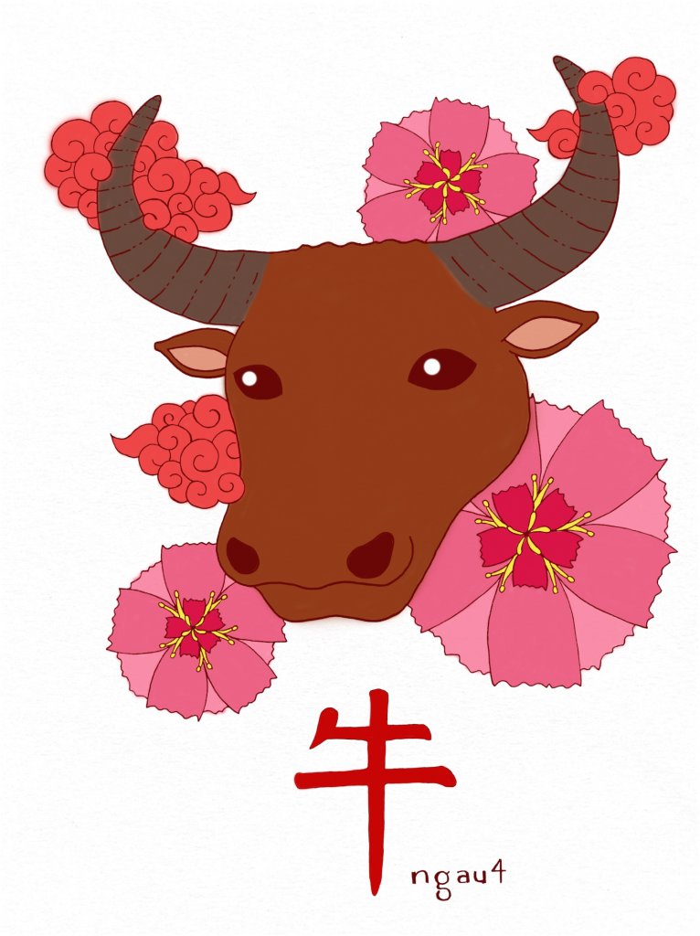Joey's illustration of an ox head with red flowers in the background, and the Chinese character for "cow" at the bottom.