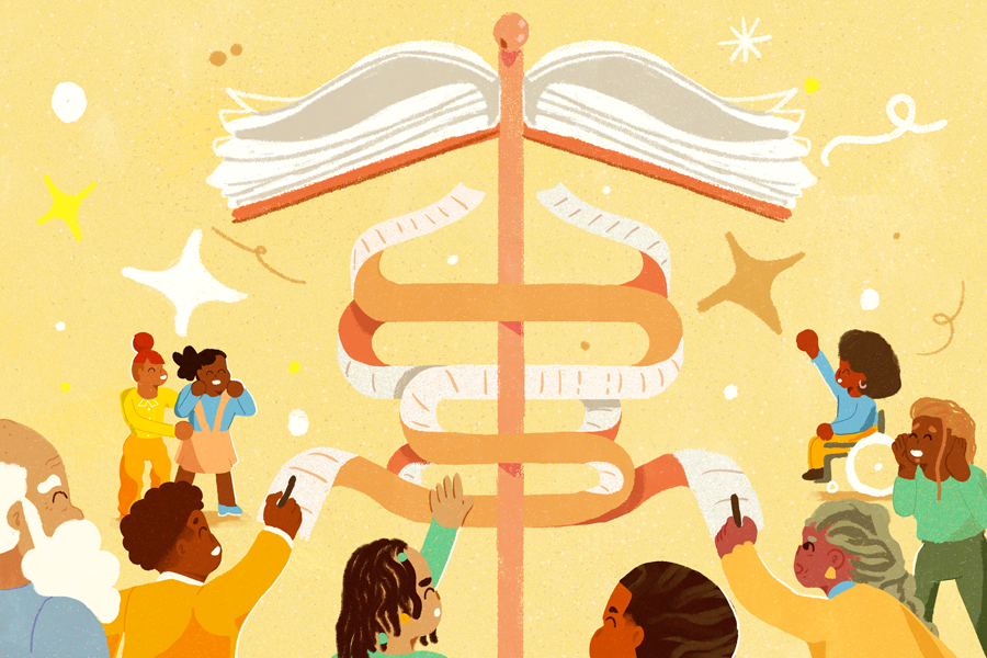 Illustration of Black community members rewriting the meaning of health by altering the symbol of health. Friends and neighbours cheer them on in the background.